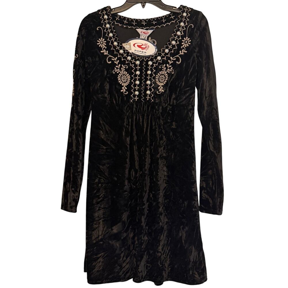 Roper Black Crushed Velvet Embroidered Western Boho Dress XS NWT